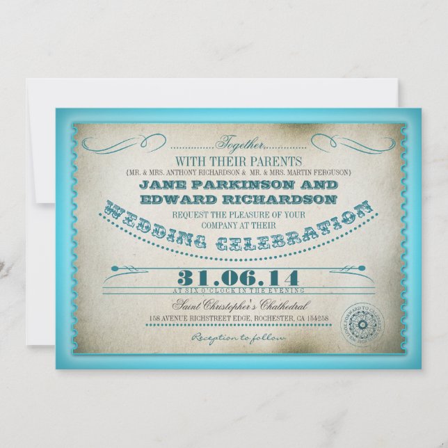 invitaciones de boda turquesa vintage - entradas (Anverso)