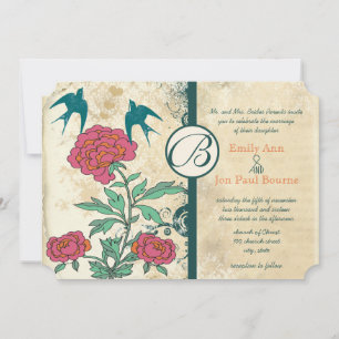 Invitaciones de boda Vintage Birds Damask Cabbage 