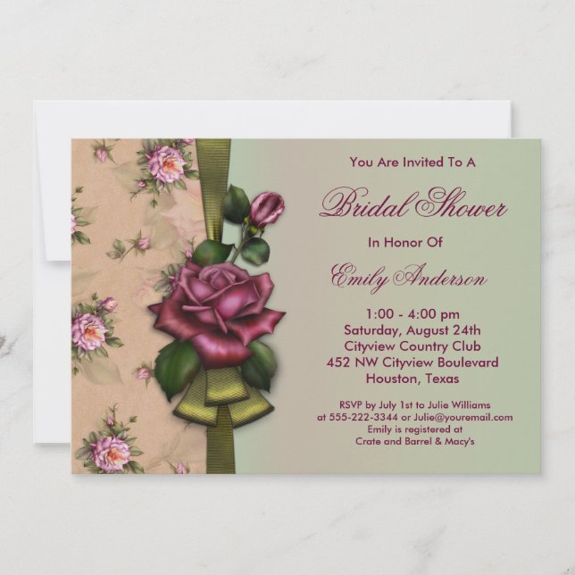 Invitaciones de boda vintage con rosas rojas (Anverso)