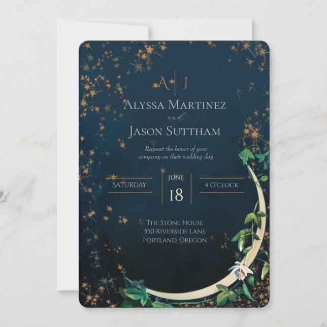 Invitaciones de boda Vintage Luna y Estrellas (Anverso)