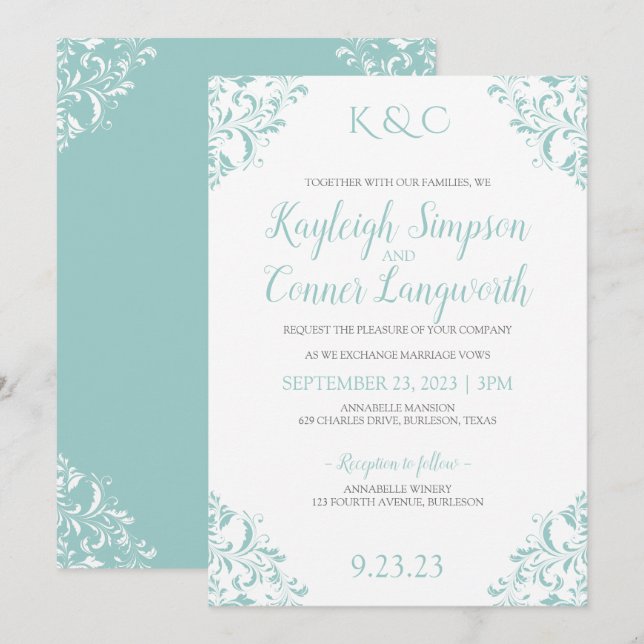 Invitaciones de Boda Vintage | Turquesa Claro-Turq (Anverso / Reverso)