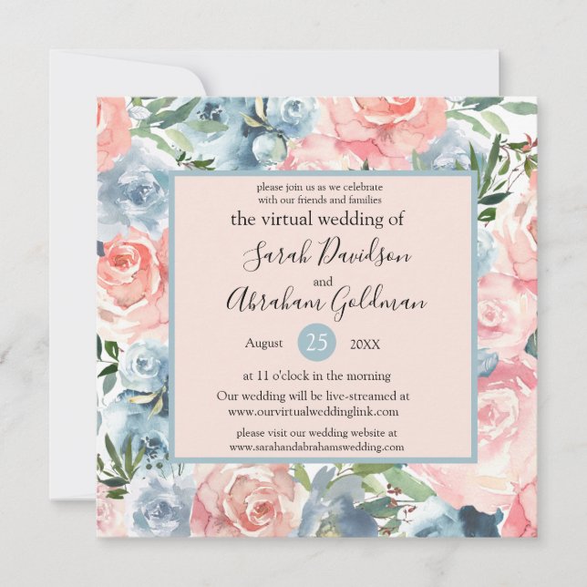 Invitaciones de Boda Virtuales - Floral Azul Rosa (Anverso)