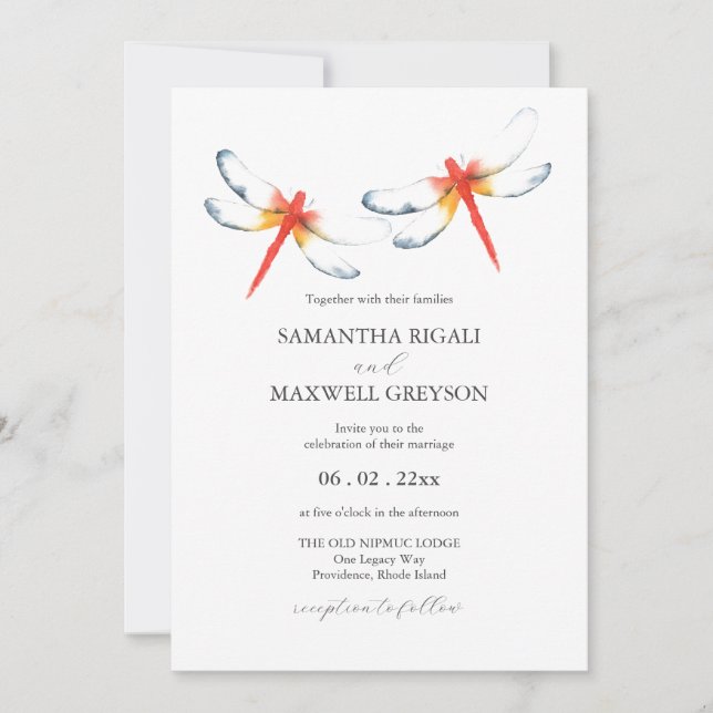 Invitaciones de boda Watercolor Red Dragonfly (Anverso)