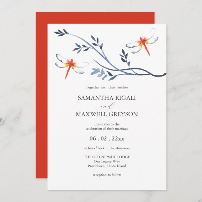 Invitaciones de boda Watercolor Red Dragonfly (Anverso / Reverso)
