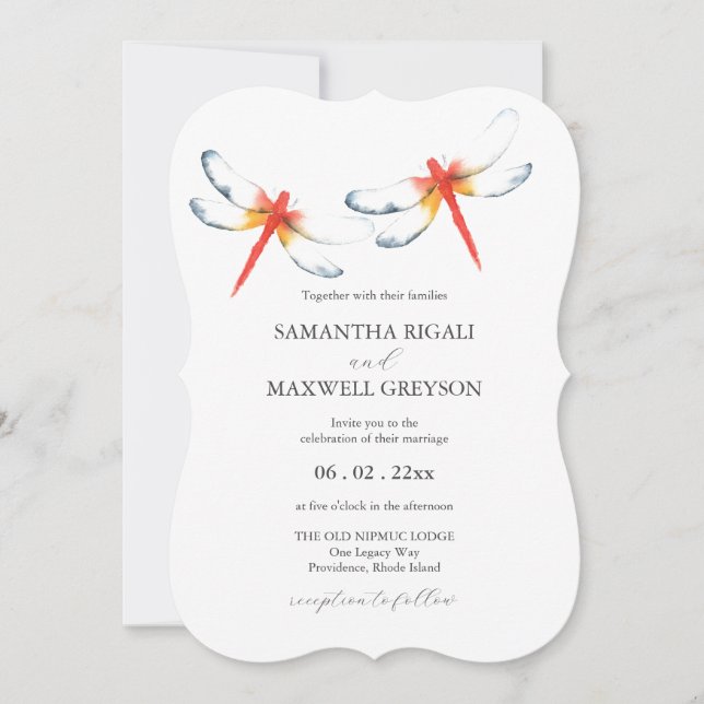 Invitaciones de boda Watercolor Red Dragonfly (Anverso)