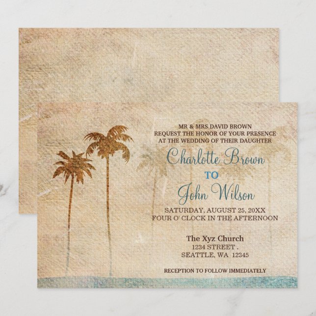 Invitaciones de bodas a la playa Rustic Palm Trees (Anverso / Reverso)
