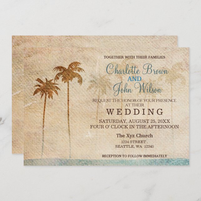 Invitaciones de bodas a la playa Rustic Palm Trees (Anverso / Reverso)