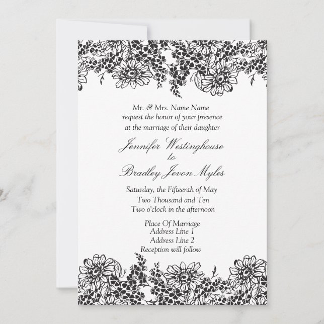 Invitaciones de Bodas Blancas Y Negras De Flores V (Anverso)