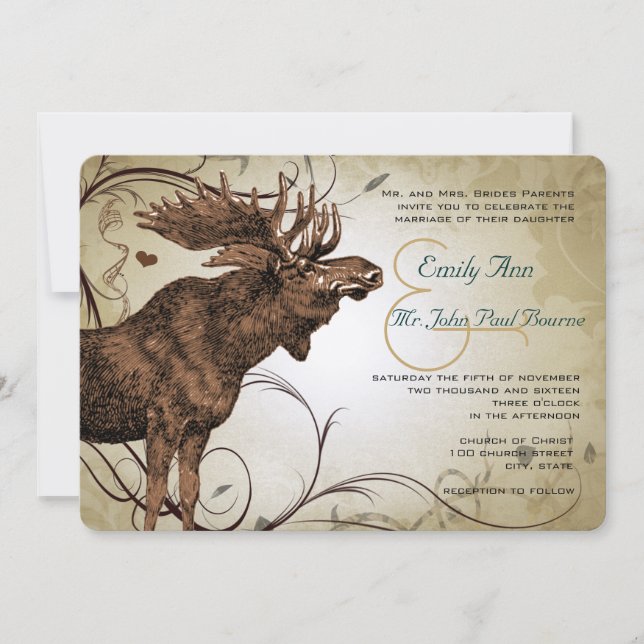Invitaciones de bodas de alce vintage (Anverso)