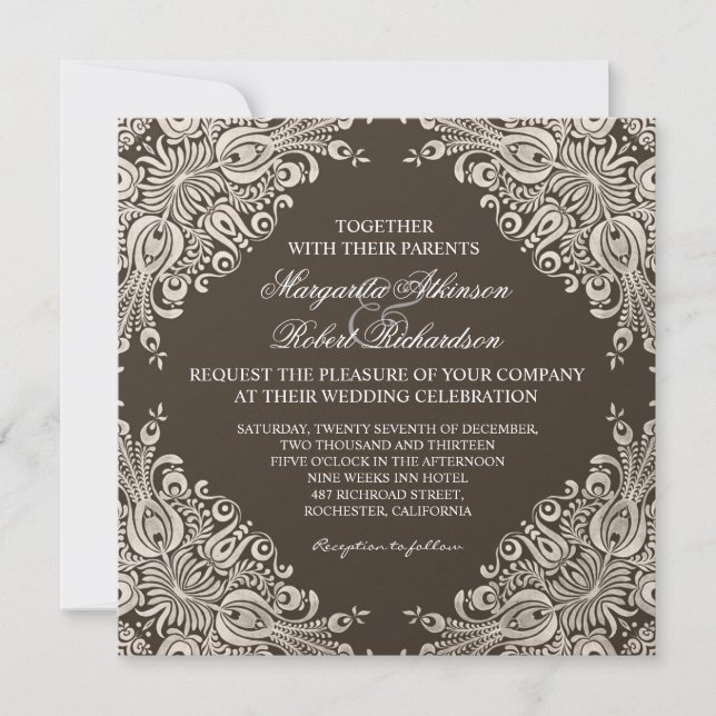invitaciones de bodas de damasco de moda elegante  (Anverso)