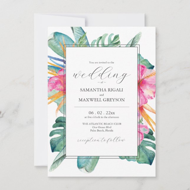 Invitaciones de bodas de destino de playa tropical (Anverso)