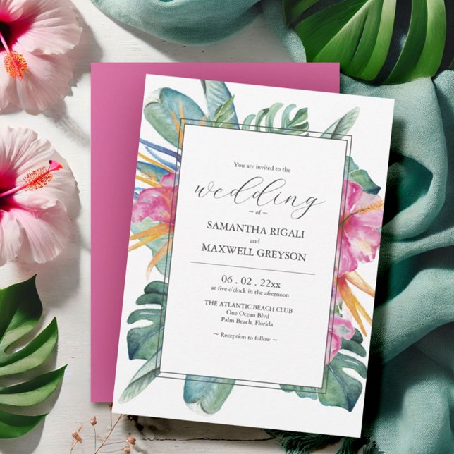 Invitaciones de bodas de destino floral tropical (Tropical wedding invitations watercolor floral and palm leaf art Victoria Grigaliunas DoTellABelle)