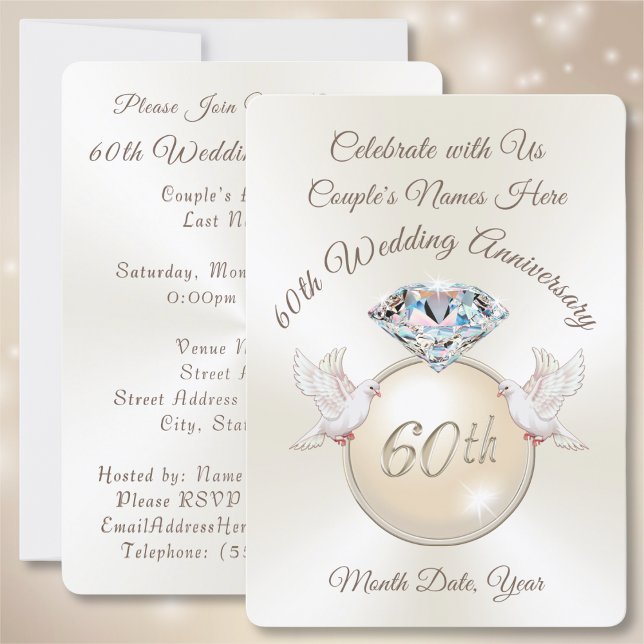 Invitaciones de Bodas de Diamante por 60 Aniversar (60th wedding anniversary invitation cards. Diamond anniversary. 60th anniversary party supplies. )
