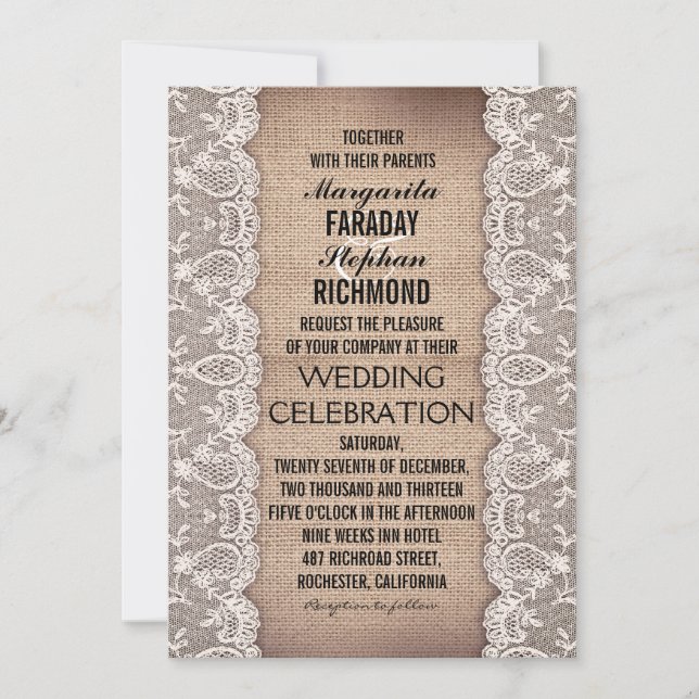 invitaciones de bodas de encaje antiguo y rústico  (Anverso)