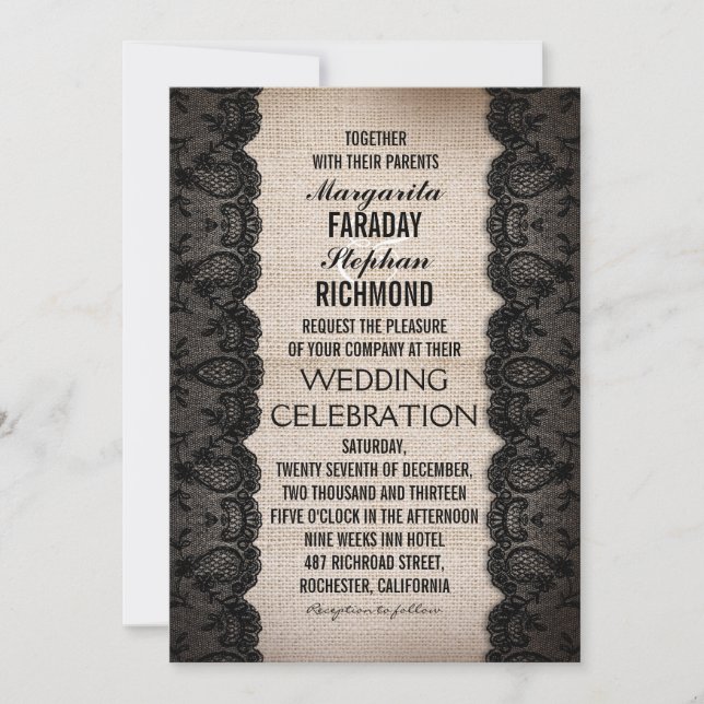 invitaciones de bodas de encaje negro y burlap rús (Anverso)