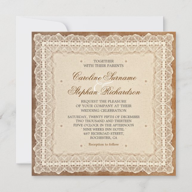 invitaciones de bodas de encaje vintage desgastada (Anverso)