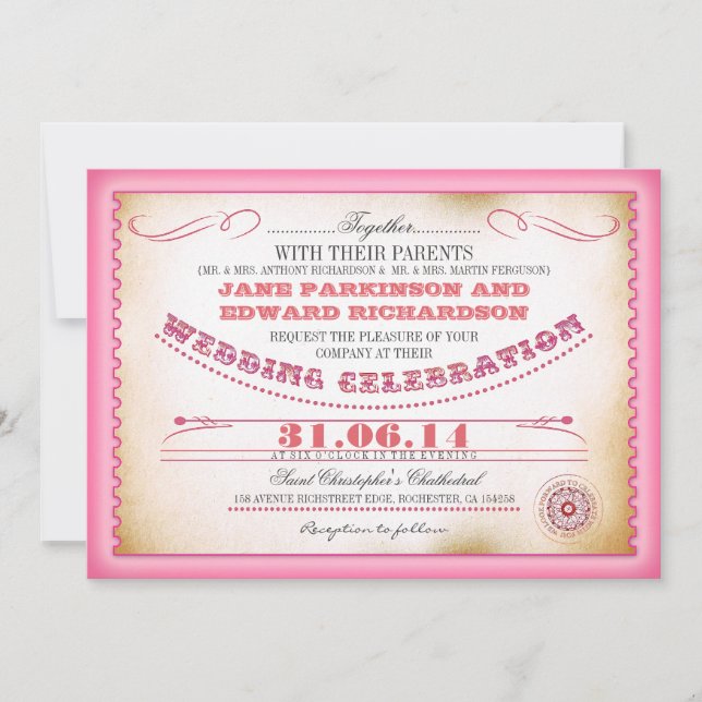 Invitaciones de bodas de época rosa - entradas (Anverso)