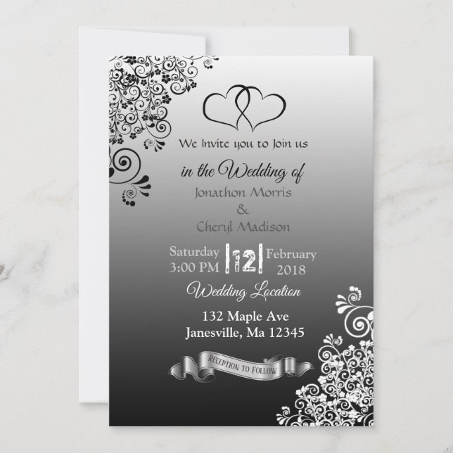 Invitaciones de bodas de gradiente negro y blanco (Anverso)