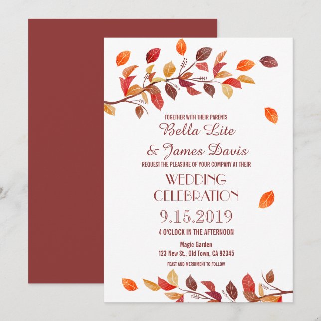 Invitaciones de bodas de hojas de otoño de árboles (Anverso / Reverso)