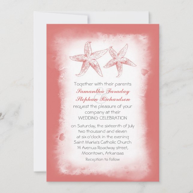 Invitaciones de bodas de la playa de coral (Anverso)