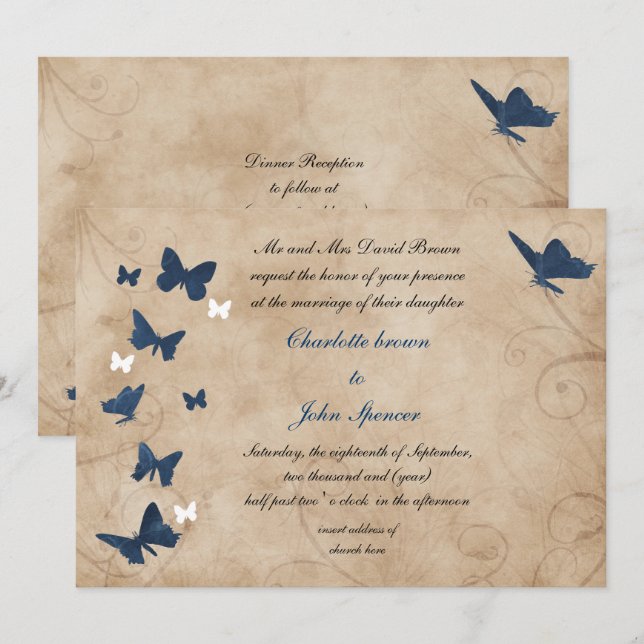 invitaciones de bodas de mariposas vintage (Anverso / Reverso)