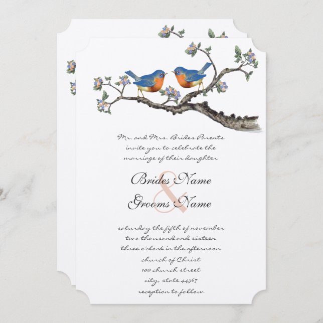 Invitaciones de bodas de pájaros azules de época (Anverso / Reverso)