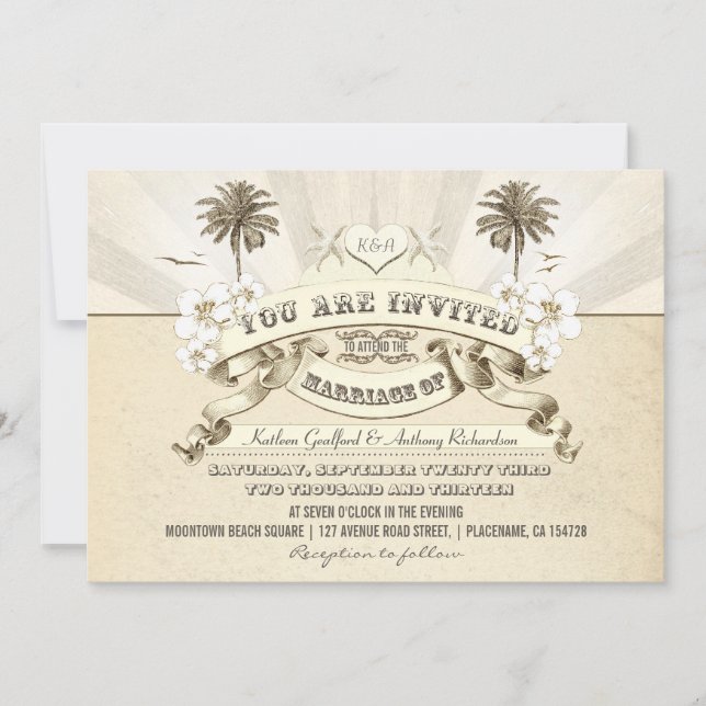 invitaciones de bodas de playa de tipografía vinta (Anverso)