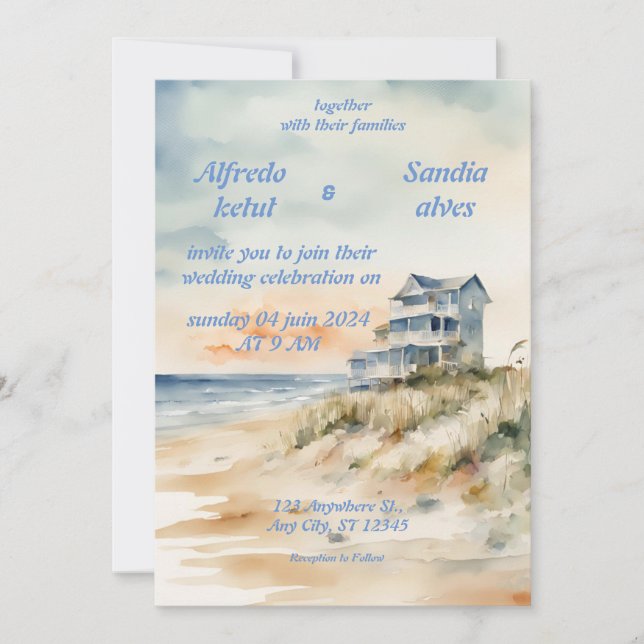 invitaciones de bodas de verano playa azul océano (Anverso)