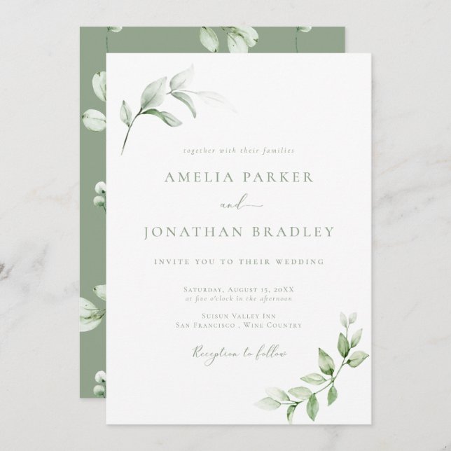 Invitaciones de bodas de verde elegante y moderna (Anverso / Reverso)