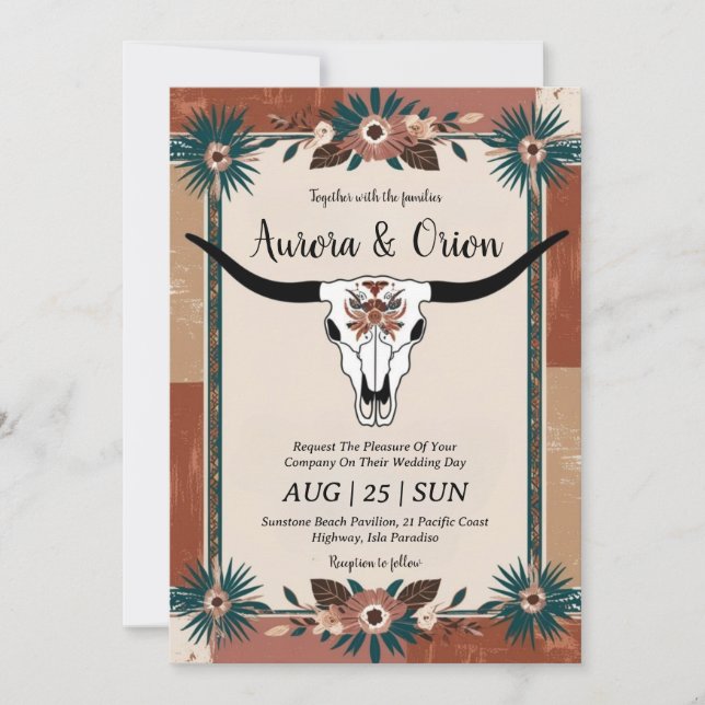 invitaciones de bodas del salvaje oeste de boho (Anverso)