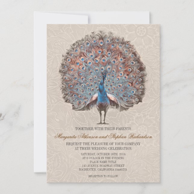 invitaciones de bodas elegantes de pavo real (Anverso)