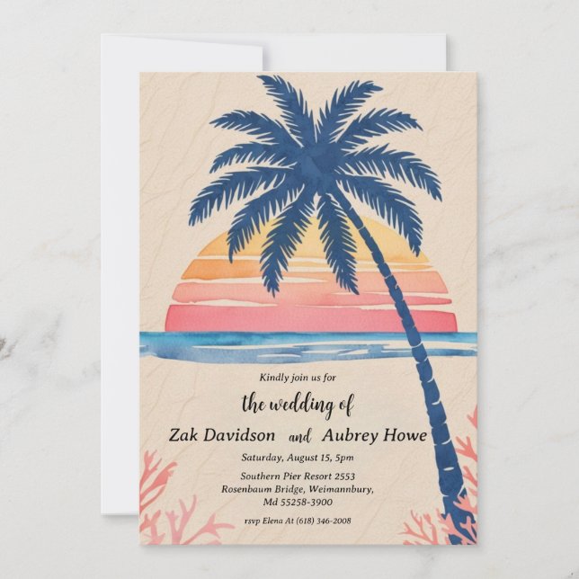 invitaciones de bodas en la playa boho de palmeras (Anverso)