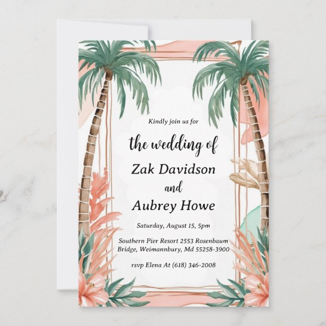 invitaciones de bodas en la playa boho de palmeras (Anverso)