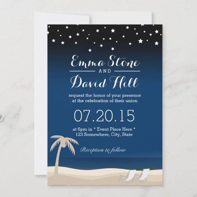 Invitaciones de bodas en la playa nocturna de vera (Anverso)