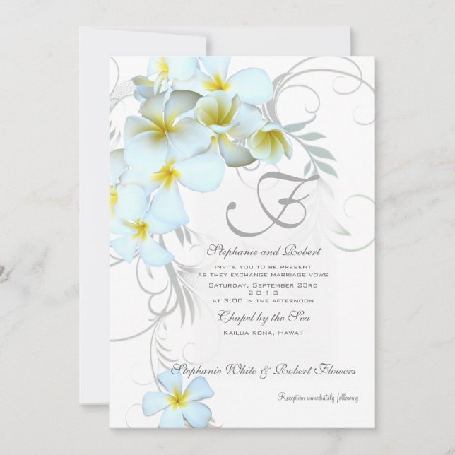 Invitaciones de bodas en monograma de plumeria tro (Anverso)