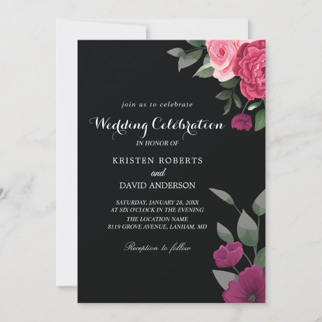 invitaciones de bodas en rosa y negro caliente (Anverso)