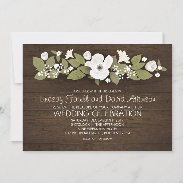 invitaciones de bodas florales de madera rústica (Anverso)