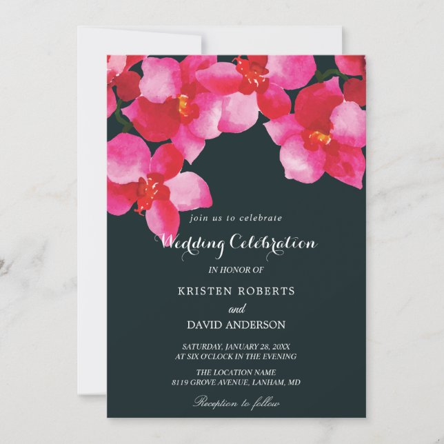 invitaciones de bodas florales y negras de fuschia (Anverso)