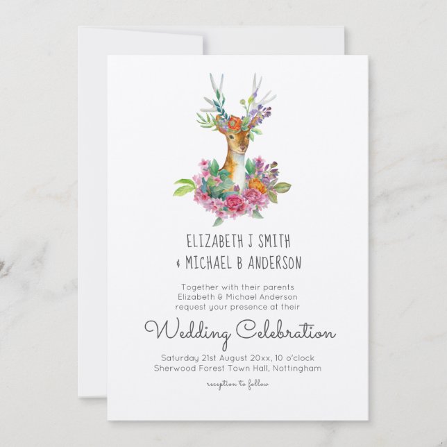 Invitaciones de bodas ilustradas de ciervos de Woo (Anverso)