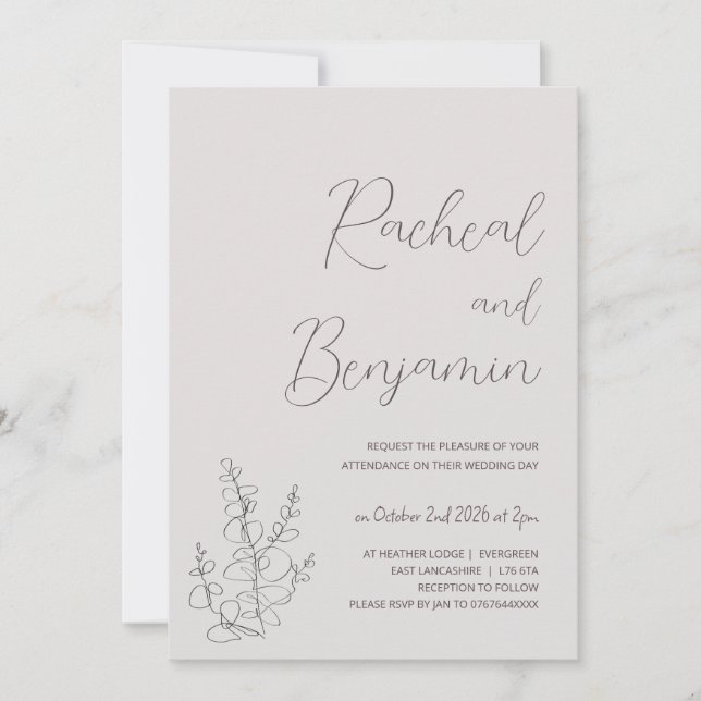 Invitaciones de bodas minimalistas botánicas beige (Anverso)