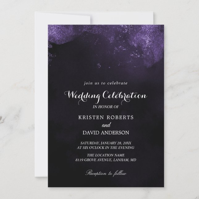 invitaciones de bodas moradas y negras (Anverso)