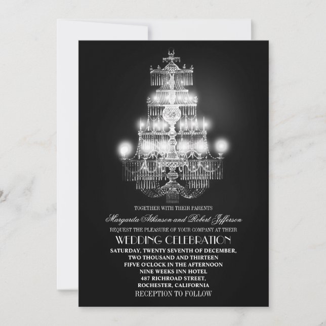 invitaciones de bodas negras a la lámpara de araña (Anverso)