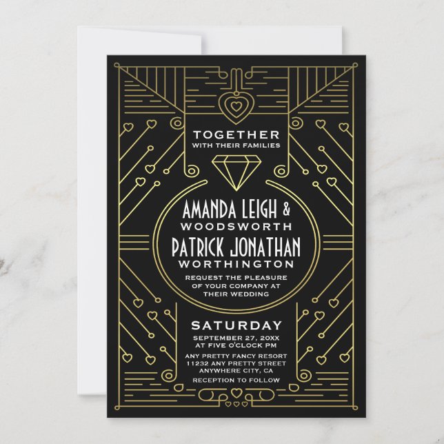 Invitaciones de bodas negras y de oro en estilo Ar (Anverso)