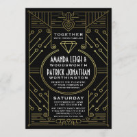 Invitaciones de bodas negras y de oro en estilo Ar