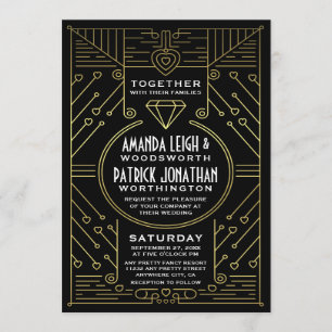 Invitaciones de bodas negras y de oro en estilo Ar