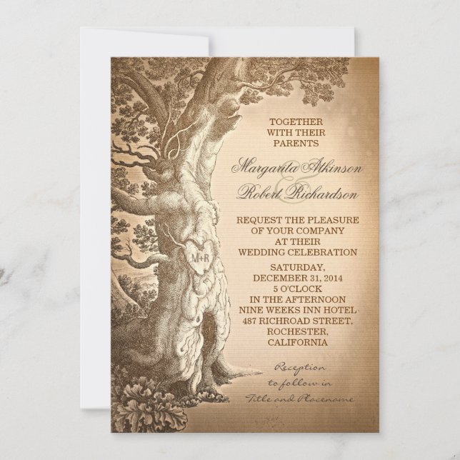 invitaciones de bodas rústicas antiguas en árboles (Anverso)