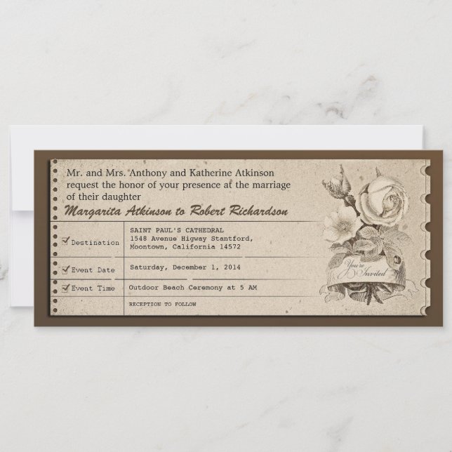 invitaciones de bodas vintage de entradas (Anverso)