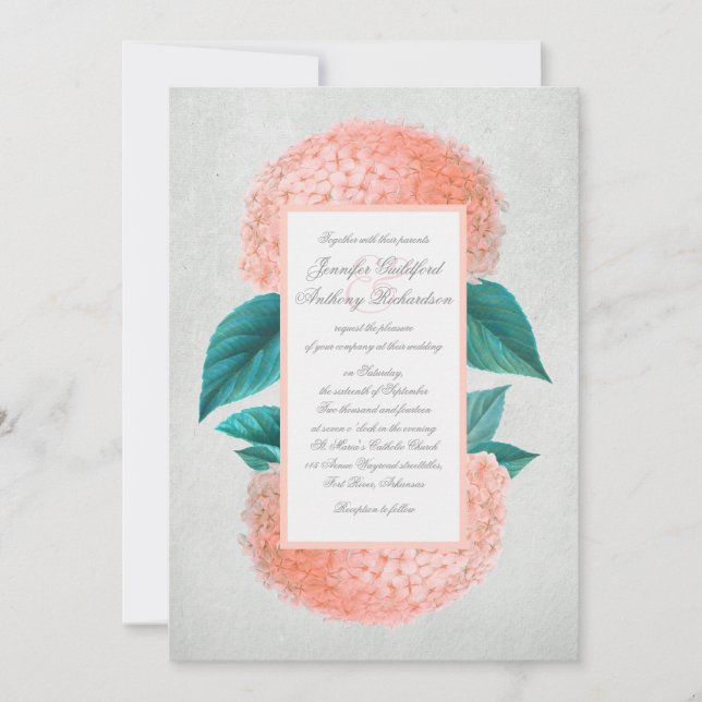 Invitaciones de bodas vintage de Peach hidrangea (Anverso)