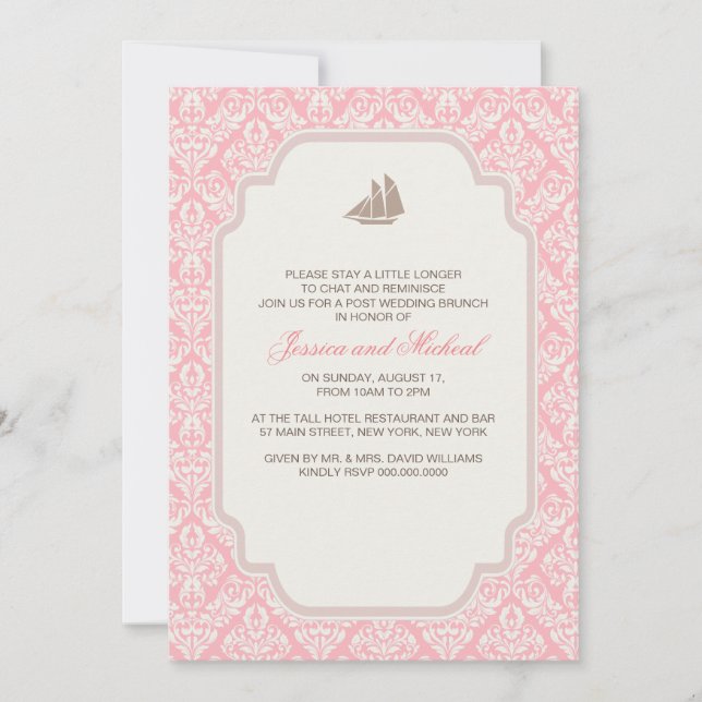 Invitaciones de brunch de Boda postales Damasco ro (Anverso)