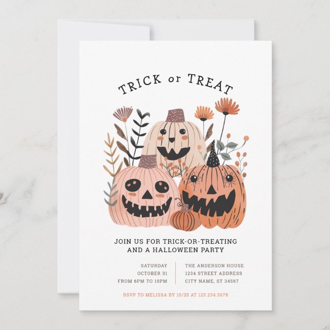 Invitaciones de calabaza de Halloween para trucos  (Anverso)